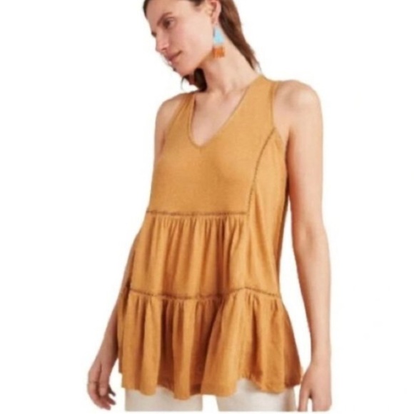Anthropologie Malaga tiered tunic tank top in Ochre tan/mustard Medium - Picture 1 of 5